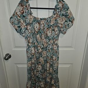 LC Lauren Conrad Floral Midi Dress in Teal and Brown